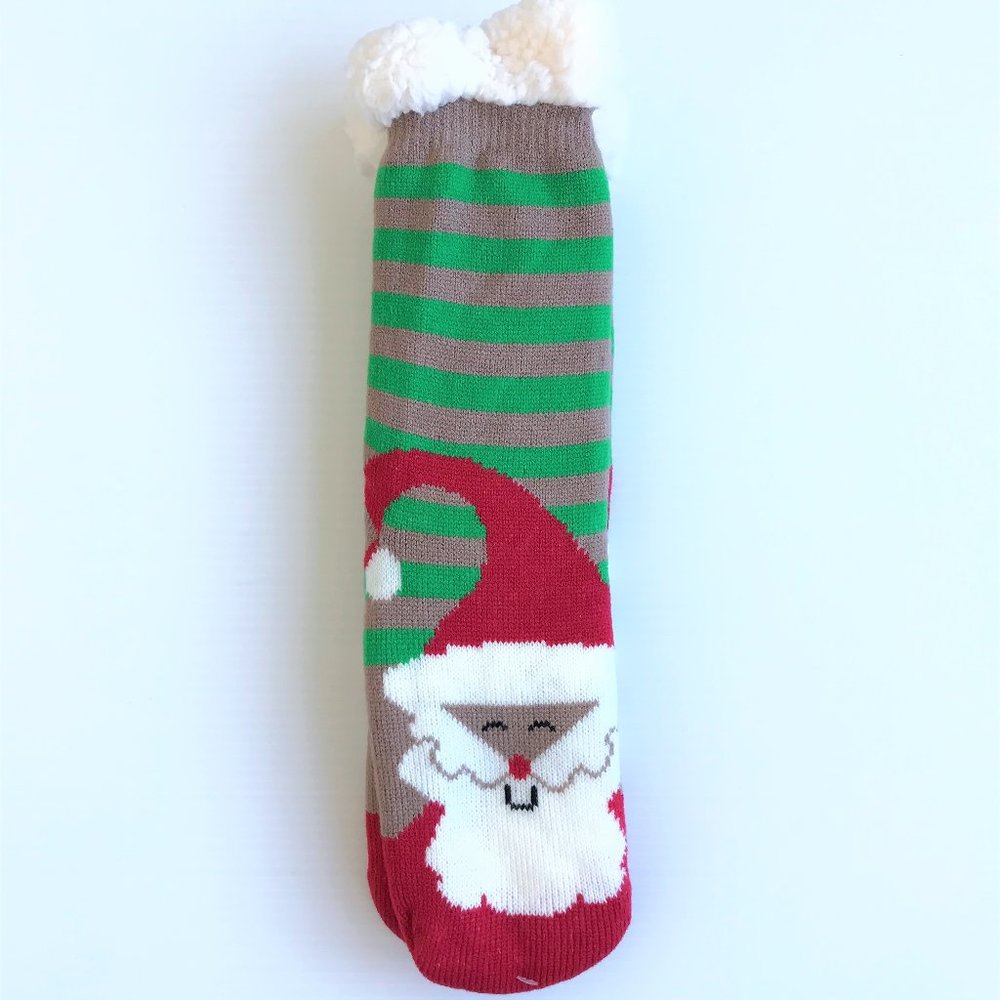 Smiling Santa Striped Sherpa Lined Slipper Socks